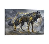EUUMKOO Lienzo decorativo para pared con diseño de lobo de montaña mágica, textura dorada de fantasía, pintura de animales sobre lienzo, póster impreso, decoración para el hogar, sala de estar