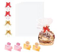 EUYKQNOI 4 Pcs Bolsas de Celofán Grandes +4 Tarjetas de Felicitación, 50x70cm Bolsas Transparentes de Canasta, Bolsas de Regalo con Lazos para Cestas, Flores, Manualidades y Ramos de Navidad