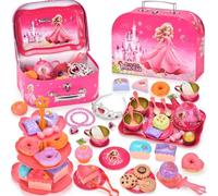 EUZLABBY 52 Pcs Juego de Té Infantil,Juego de Tetera de Hojalata,Accesorios Cocina Juguetes,con Tazas,Platos y Accesorios,para Regalo cumpleaños Niñas 3- 8 años.