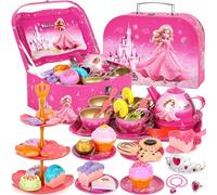 EUZLABBY 52 Pcs Juego de Té Infantil,Juego de Tetera de Hojalata,Accesorios Cocina Juguetes,con Tazas,Platos y Accesorios,para Regalo cumpleaños Niñas 3- 8 años.