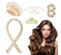 EUZUXU 6 Piezas Rizador de Pelo Sin Calor, Rizos sin Calor Durante la Noche con Gorro para Dormir, Set de Peinado DIY con Banda Rizadora, para Cabello Largo y Mediano - Beige