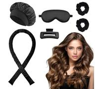 EUZUXU 6 Piezas Rizador de Pelo Sin Calor, Rizos sin Calor Durante la Noche con Gorro para Dormir, Set de Peinado DIY con Banda Rizadora, para Cabello Largo y Mediano - Negro