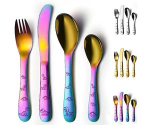 Evanda arco iris utensilios, arco iris recubierto de titanio 4 piezas de acero inoxidable juego de cubiertos para, utensilios tenedores y cucharas, Espejo pulido redondo liso Vajilla