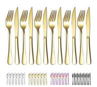 Evanda Juego de Cuchillos y Tenedores Dorados para Carne 12 Piezas - 6 Cuchillos y 6 Tenedores de Acero Inoxidable Chapado en Titanio, Aptos para Lavavajillas