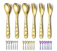 Evanda oro Cubertería infantil, juegos de cubiertos para niños de acero inoxidable recubiertos de titanio dorado de 6 piezas, con tenedores y cucharas, vajilla redonda lisa pulida al espejo