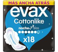 Evax Cottonlike Noche Compresas Con Alas, Pack de 18, Parte Trasera Más Ancha, Absorben Flujo Repentino, Eliminan Malos Olores, Capa Superior Extrasuave, 100% Limpia y 0% Olor