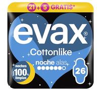 Evax Cottonlike Noche Compresas Con Alas, Pack de 26, Parte Trasera Más Ancha, Absorben Flujo Repentino, Eliminan Malos Olores, Capa Superior Extrasuave, 100% Limpia y 0% Olor