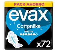 Evax Cottonlike Noche Compresas Con Alas, Pack de 72, Parte Trasera Más Ancha, Absorben Flujo Repentino, Eliminan Malos Olores, Capa Superior Extrasuave, 100% Limpia y 0% Olor