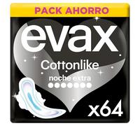Evax Cottonlike Noche Extra Compresas Con Alas, Pack de 64, Parte Trasera 60% Más Ancha, Absorben Flujo, Eliminan Malos Olores, Capa Superior Extrasuave, 100% Limpia y 0% Olor