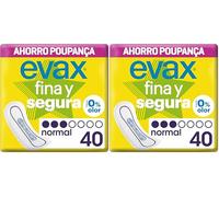 Evax Fina y Segura Compresas sin Alas, Normal, 40 Unidades, Hasta 0% Olor (Paquete de 2)