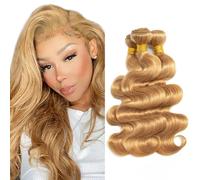 Evaxilc 24 26 28 Inch Bundles Human Hair Extension Cabello real Double Weft Hair Brazilian Remy Hair Body Wave Unprocessed Honey Blonde Minimal Shedding For Women 3 Bundles Total 300g