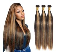 Evaxilc 24 26 28 Inch Bundles Human Hair Extension Cabello real Double Weft Hair Brazilian Remy Hair Straight Unprocessed Highlight Brown Minimal Shedding For Women 3 Bundles Total 300g