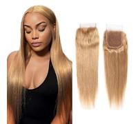 Evaxilc 24 Inch Straight Closure Human Hair 4x4 Free Part with Baby Hair Honey Blonde Unprocessed Brazilian Human Hair Soft Transparent Lace Closures Sew in Natural Hairline for Women