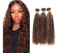 Evaxilc 26 28 30 Inch Bundle Human Hair Extension Cabello real Double Weft Hair Brazilian Remy Hair Kinky Curly Unprocessed Highlight Light Brown Minimal Shedding For Women 3 Bundle Total 300g
