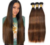 Evaxilc 26 28 30 Inch Bundle Human Hair Extension Cabello real Double Weft Hair Brazilian Remy Hair Straight Unprocessed Highlight Light Brown Minimal Shedding For Women 3 Bundle Total 300g