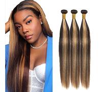 Evaxilc 26 28 30 Inch Bundles Human Hair Extension Cabello real Double Weft Hair Brazilian Remy Hair Straight Unprocessed Highlight Brown Minimal Shedding For Women 3 Bundles Total 300g