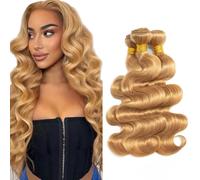 Evaxilc 28 30 32 Inch Bundles Human Hair Extension Cabello real Double Weft Hair Brazilian Remy Hair Body Wave Unprocessed Honey Blonde Minimal Shedding For Women 3 Bundles Total 300g