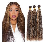 Evaxilc 28 30 32 Inch Bundles Human Hair Extension Cabello real Double Weft Hair Brazilian Remy Hair Kinky Curly Unprocessed Highlight Brown Minimal Shedding For Women 3 Bundles Total 300g