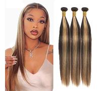 Evaxilc 28 30 32 Inch Bundles Human Hair Extension Cabello real Double Weft Hair Brazilian Remy Hair Straight Unprocessed Highlight Brown Minimal Shedding For Women 3 Bundles Total 300g