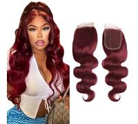 Evaxilc 28 Inch Body Wave Closure Human Hair 4x4 Free Part with Baby Hair Burgundy Red Unprocessed Brazilian Human Hair Soft Transparent Lace Closures Sew in Natural Hairline for Women