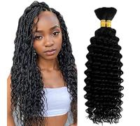 Evaxilc 32 32 Inch Deep Wave Human Hair For Braiding Cabello humano Unprocessed No Weft Bulk Braiding Hair Extensions For Boho Braids #1B Natural Black Color 2 Bundles Total 100g one pack