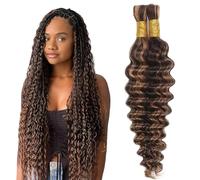 Evaxilc 32 32 Inch Deep Wave Human Hair For Braiding Cabello humano Unprocessed No Weft Bulk Braiding Hair Extensions For Boho Braids P430 Highlight Brown Color 2 Bundles Total 100g one pack