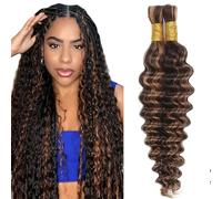 Evaxilc 34 34 Inch Deep Wave Human Hair For Braiding Cabello humano Unprocessed No Weft Bulk Braiding Hair Extensions For Boho Braids P430 Highlight Brown Color 2 Bundles Total 100g one pack