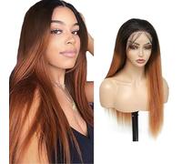 Evaxilc 5x5 Lace Front Human Hair Wig Brazilian Virgin Hair Minimal Tangle And Shedding Straight Echthaar Perruca T1B430 Black Root Ombre Brown 150% Density For Women 14 Inch