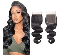 Evaxilc Body Wave 150% Density #1b Natural Color 4x4 Free Part HD Transparente Lace Closure Glueless Extension No Tangles Pre Plucked Brasileño Virgin Cabello Humano Extension 16 Pulgadas