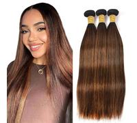 Evaxilc Bundle Human Hair Extension Cabello real Double Weft Hair Brazilian Remy Hair Straight Unprocessed Highlight Light Brown Minimal Shedding For Women 3 Bundle Total 300g 20 22 24 Inch