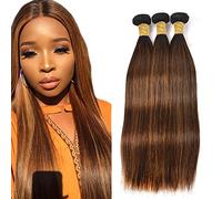Evaxilc Bundle Human Hair Extension Cabello real Double Weft Hair Brazilian Remy Hair Straight Unprocessed Highlight Light Brown Minimal Shedding For Women 3 Bundle Total 300g 16 18 20 Inch