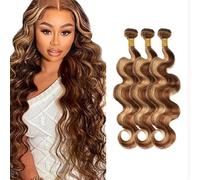 Evaxilc Bundles Human Hair Extension Cabello real Double Weft Hair Brazilian Remy Hair Body Wave Unprocessed Highlight Brown Minimal Shedding For Women 3 Bundles Total 300g 20 22 24 Inch