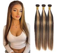 Evaxilc Bundles Human Hair Extension Cabello real Double Weft Hair Brazilian Remy Hair Straight Unprocessed Highlight Brown Minimal Shedding For Women 3 Bundles Total 300g 16 18 20 Inch