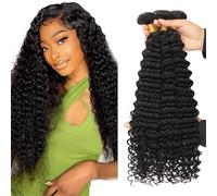 Evaxilc Bundles Human Hair Extension Natural Black Cabello Humano Brazilian Remy Hair Deep Wave Unprocessed Minimal Shedding Double Weft Hair For Women 3 Bundles Total 300g 20 22 24 Inch