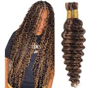 Evaxilc Deep Wave Human Hair For Braiding Cabello humano Unprocessed No Weft Bulk Braiding Hair Extensions For Boho Braids P430 Highlight Brown Color 26 26 Inch 2 Bundles Total 100g one pack