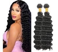 Evaxilc Extensiones de cabello humano de onda profunda, mechones de pelo humano, mechones de pelo doble #1B Natural Black Brazilian Remy Virgin Human Hair Weave 2 paquetes total 200 g 46,5 cm