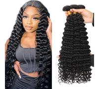 Evaxilc Extensiones de cabello humano de onda profunda, mechones de pelo humano, mechones de pelo doble #1B Natural Black Brazilian Remy Virgin Human Hair Weave 3 paquetes total 300 g 16 18 20
