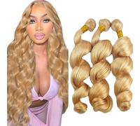 Evaxilc Extensiones de cabello humano ondulado brasileño, 28, 30 y 32 pulgadas, extensiones de cabello humano Remy brasileño, extensiones de cabello humano #27, rubio miel, 3 paquetes, total 300 g
