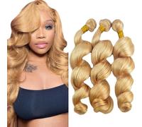 Evaxilc Extensiones de cabello humano ondulado brasileño Remy Virgin Human Hair Weave Bundles Human Hair Extension Double Weft #27 Honey Blonde 3 paquetes, total 300 g