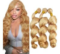 Evaxilc Extensiones de cabello humano ondulado brasileño Remy Virgin Human Hair Weave Bundles Human Hair Extension Double Weft #27 Honey Blonde 3 paquetes, total 300 g
