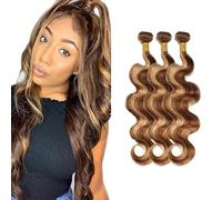 Evaxilc Extensiones de cabello humano ondulado de 22, 24 y 26 pulgadas, extensiones de pelo humano ondulado, mechones dobles P4/27, resaltado, rubio, brasileño, Remy Virgin Human, 3 paquetes, total