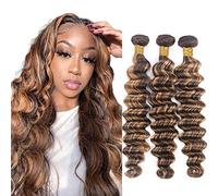 Evaxilc P427 Highlight Brown Color Deep Wave Human Hair Bundles Extension Cabello humano Glueless Bundles Virgin Hair Unprocessed 3 Bundles Minimal Shedding For Women 20 22 24 Inch