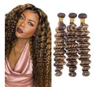 Evaxilc P427 Highlight Brown Color Deep Wave Human Hair Bundles Extension Cabello humano Glueless Bundles Virgin Hair Unprocessed 3 Bundles Minimal Shedding For Women 16 18 20 Inch