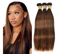 Evaxilc Straight Human Hair Bundles Extension Cabello humano Glueless Bundles Virgin Hair Unprocessed P430 Highlight Brown Color 3 Bundles Minimal Shedding For Women 24 26 28 Inch