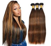 Evaxilc Straight Human Hair Bundles Extension Cabello humano Glueless Bundles Virgin Hair Unprocessed P430 Highlight Brown Color 3 Bundles Minimal Shedding For Women 14 16 18 Inch