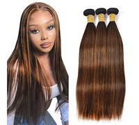 Evaxilc Straight Human Hair Bundles Extension Cabello humano Glueless Bundles Virgin Hair Unprocessed P430 Highlight Brown Color 3 Bundles Minimal Shedding For Women 28 30 32 Inch