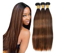 Evaxilc Straight Human Hair Bundles Extension Cabello humano Glueless Bundles Virgin Hair Unprocessed P430 Highlight Brown Color 3 Bundles Minimal Shedding For Women 22 24 26 Inch