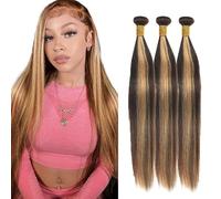 Evaxilc Straight Human Hair Bundles Extension Cabello humano Glueless Bundles Virgin Hair Unprocessed P427 Highlight Brown Color 3 Bundles Minimal Shedding pelucas mujer 14 16 18 Inch