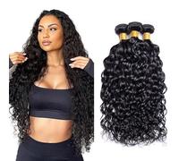 Evaxilc Water Wave Bundles Extension Peluca de pelo humano sin pegamento, paquete brasileño virgen 100% sin procesar #1B, color negro natural, 3 paquetes, total 300 g, para mujeres de 24, 26 y 28