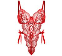 EVELIFE Lencería de mujer sexy Body de una pieza con puntas Bodysuit con tirantes Babydoll con escote en V Lencería con lazada de satén lateral y entrepierna con broches Teddy Lencería S-XXL, rojo, L